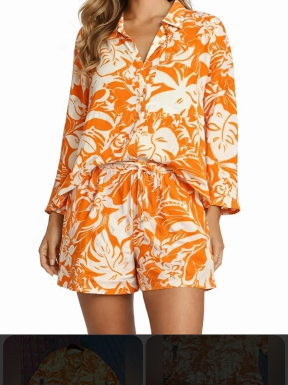 Orange and Cream Tropical Print Button-Up Top & Shorts Set